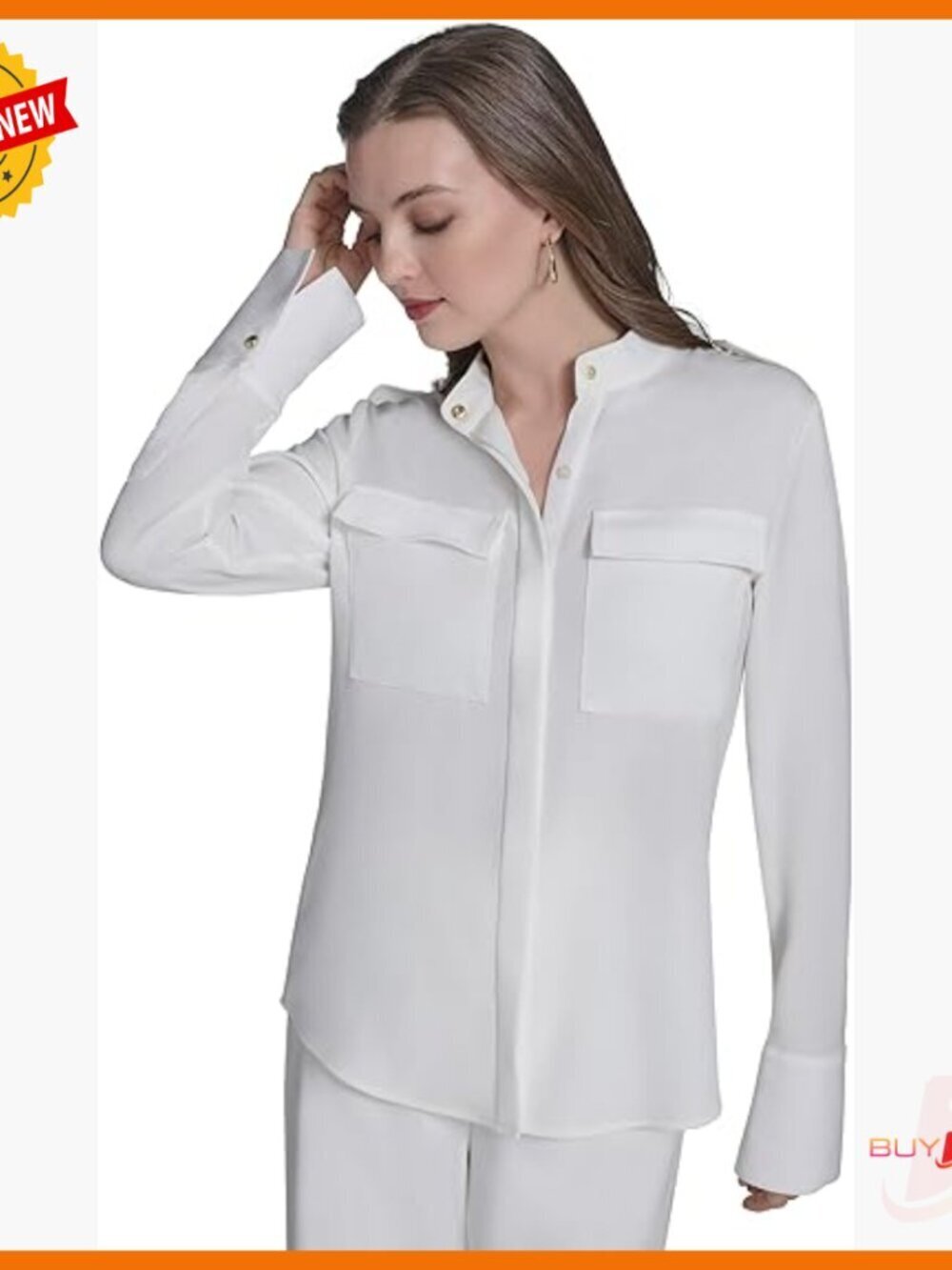 Long Sleeve Button Down Blouse with Mandarin Collar and Pocket